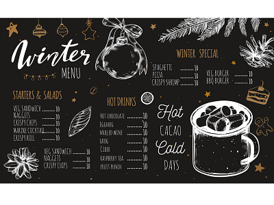 Winter menu bakery cafe christmas decor design food illustration hand drawn illustration lettering vector vintage