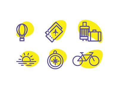 icons travel balloon bike compass design flat icon icons illustration illustrator ios purple rest sea set suitcase ticket travel vacation vector yellow