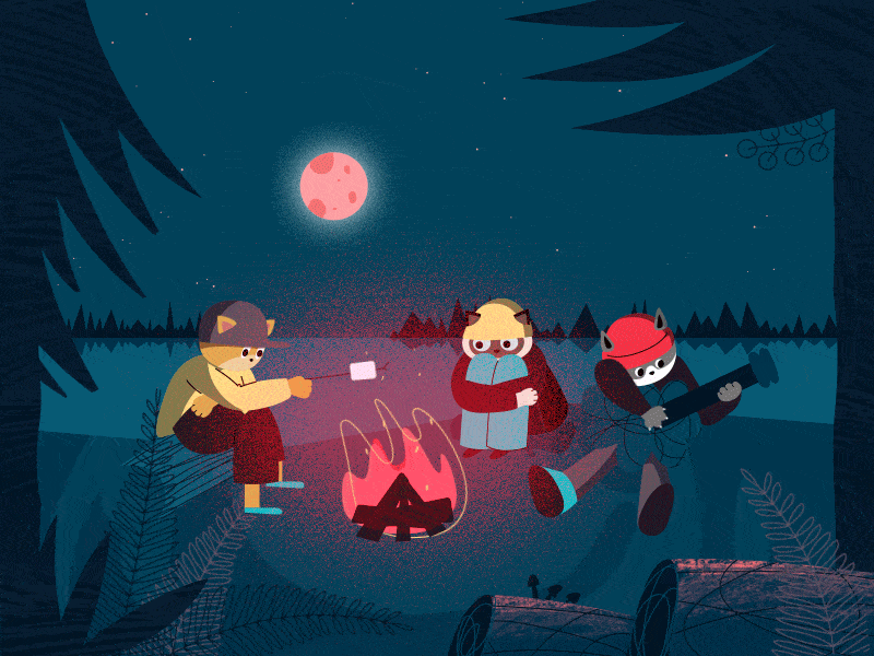 picnic cats animated gif animation cat fire fun illustration moon night