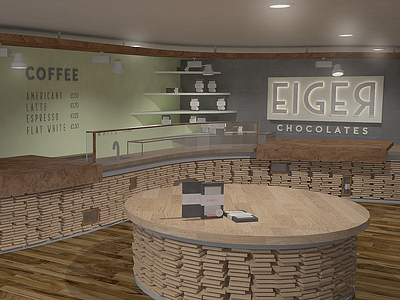 Eiger Chocolate Shop Interior Design 3d 3d art 3d artist 3d illustration 3d modeling architectural visualization branding chocolate packaging chocolate shop floorplan furniture design interior architecture interior design interior designs lighting design logo logodesign packaging packaging design visualisation