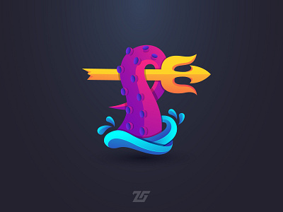 Kraken Trident 3d logo amazing logo animal art awesome logo beautiful branding business logo colorful logo creative fantasy gradient logo graphic design illustration kraken logo modern logo ocean octopus trident