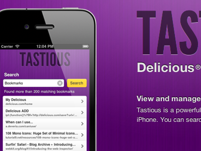 Announcing Tastious.com – Delicious for iPhone app application delicious iphone iphone app letter press purple webdesign website