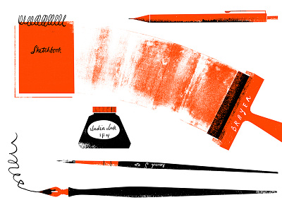 Tools of the trade art brayer brush mechanical pen pencil sketchbook supplies texture
