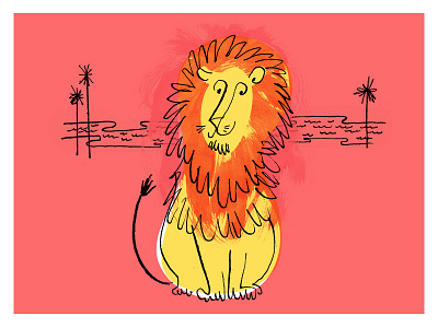 Sitting Lion brush illustration lion palm tree river texture