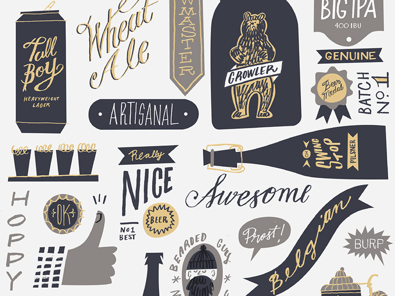 Craft Beer ale belgian bear hoppy beard tallboy grey navy hot stamp foil gold letterpress