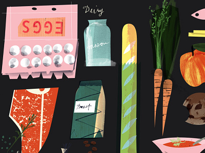 Grocery Store carrots carton coffee collage eggs illustration steak tbone texture vintage