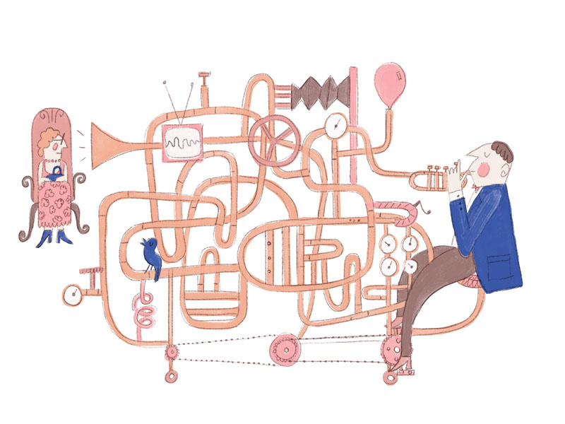 Trumpet guy contraption balloon goldberg rube pedal granny loud invention bike trumpet