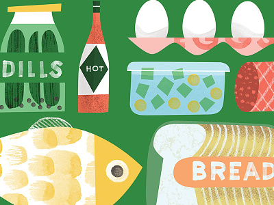 What's in Your Fridge? bread deli dill eggs fish food fridge groceries hot sauce illustration lettering pickles