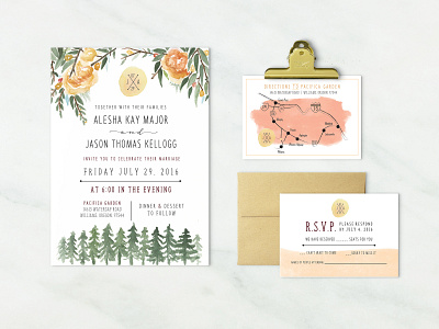 Wooded Watercolor Invitation illustration pinetrees rusticwedding watercolor watercolorflowers watercolorwedding webdesign wedding wedding invite weddinginvitation weddingsuite