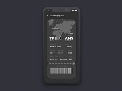 Daily UI 024 - Boarding Pass boarding boarding pass boardingpass daily 100 challenge daily ui dailyui dailyui024 dark dark app dark mode dark theme dark ui design designui pass