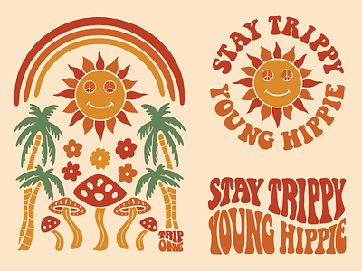 Stay Trippy Young Hippie apparel brand branding clothing brand hippie illustration magic mushrooms palm tree print psychedelic rainbow retro sixties sun