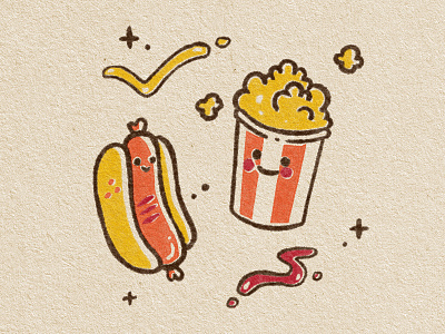 Hotdogs & Popcorn cute food hotdog illustration movies popcorn riso risoprint stamp texture