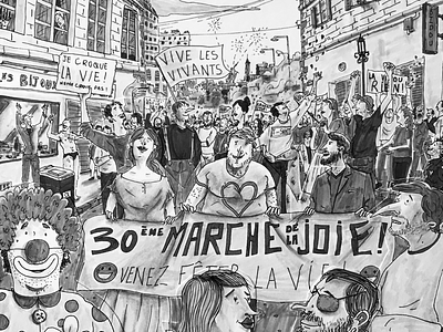 Walk for Joy ! blackandwhite characterdesign city cutout drawing happiness illustration manifestation paper pencil people protest walk