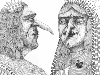 Queen & King artwork blackandwhite characterdesign crown dotart dots faces illustration ink king paper portrait queen