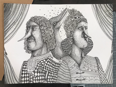 Deux Dauphins et une dauphine artwork blackandwhite characterdesign crown dolphin dotart dots faces illustration ink king paper portrait queen