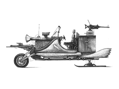 ThunderCar black blackandwhite car cardesign digitalart guns illustration procreate sidecar steampunk war white