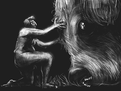The man and the beast beast blackandwhite characterdesign digitalart drawing fantastic illustration line procreate trainer