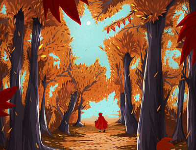 Little Red Riding Hood autumn digitalart digitalpainting forest hood illustration illustrator ipadpro leaves little red riding hood procreate red tale trees wolf
