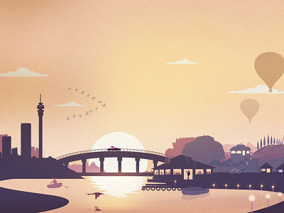 Pont de Val Conceptual Illustration bistro city escape french hot air balloons river sunset vector vinyard