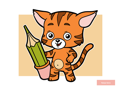 Cat and pencil, cute cartoon character