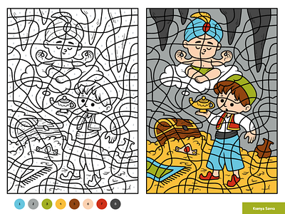 Aladdin and the genie. Color by number, educational game activity adobe illustrator aladdin black and white book cartoon character children coloring education fairytale for kids genie illustration learning magic number page preschool vector