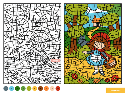 Little Red Riding Hood and Big Bad Wolf. Color by number game activity adobe illustrator book cartoon character children color by number coloring education fairytale for kids girl grimm illustration learning page preschool red riding hood vector wold