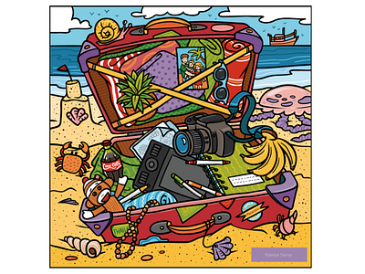 Suitcase with my memories of a trip to Asia adobe illustrator artist beach camera cartoon crab huahin illustration journey landscape memories relax sea suitcase summer thailand travel trop tropical vector