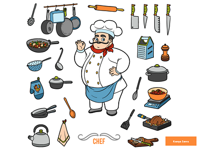 Cartoon chef and set of of kitchen items adobe illustrator cafe cartoon character chef clip art cuisine culinary food for kids illustration job kitchen kitchenware man profession restaurant set vector work