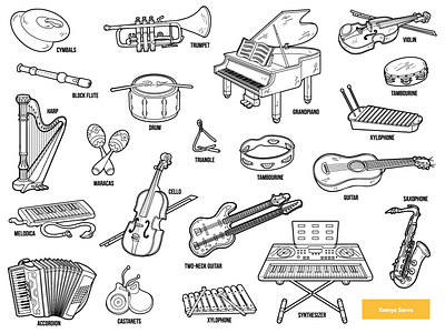 Cartoon musical instruments accordion adobe illustrator audio cartoon classic coloring book coloring page drum education for kids guitar illustration instrument learning music piano saxophone tambourine vector violin