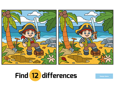 Pirate boy. Find differences, education game for children activity adobe illustrator adventure boy cartoon character chest children education find differences for kids illustration learning ocean pirate preschool puzzle sea tropical island vector