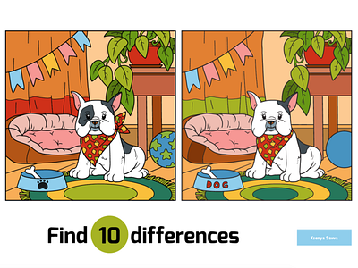 Cute bulldog. Find differences, education game for children.