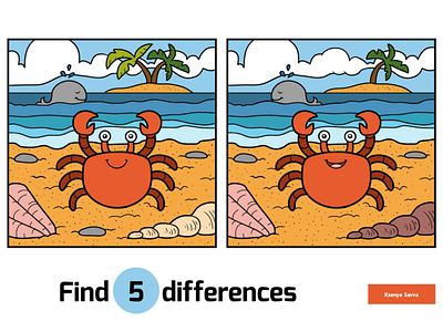 Cute crab on a tropical beach. Find differences, education game activity adobe illustrator animal beach cartoon character children crab education find differences for kids illustration learning ocean preschool sea spot the differences summer vector whale