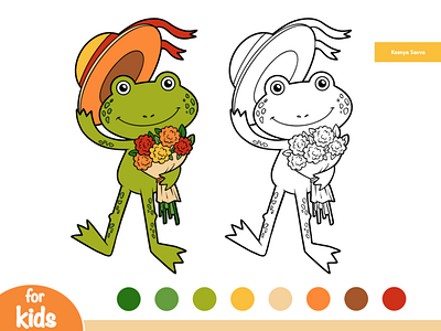 Cute little frog with a bouquet. Coloring page for kids activity adobe illustrator animal black and white book bouquet cartoon character coloring drawing education flower for kids frog game illustration learning page preschool vector