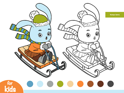 Cute bunny on a sled. Coloring book for children activity adobe illustrator animal black and white book bunny cartoon character children coloring education for kids illustration page preschool rabbit ride sled snow winter