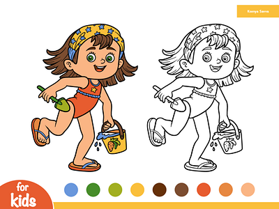 Little girl on the beach. Coloring page for kids activity adobe illustrator black and white cartoon character children coloring book coloring page education for kids girl holiday illustration learning preschool sand sea summer swimsuit tropical