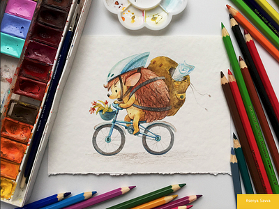 Cute hedgehog on a bicycle. Watercolor illustration animal art bicycle cartoon character character design children color pencils cute for kids hedgehog illustration painting summer travel watercolor