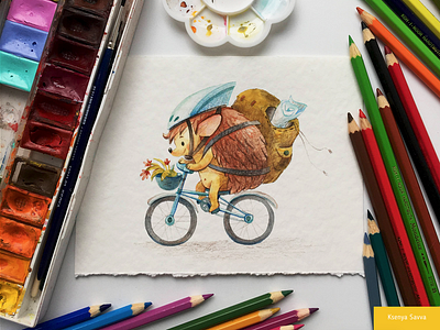 Cute hedgehog on a bicycle. Watercolor illustration