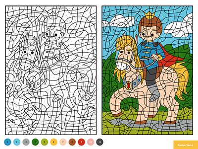 Color by number, education game for children, Prince on horse activity adobe illustrator animal black and white boy cartoon character children color by number coloring page education fairytale for kids horse illustration number page preschool prince vector