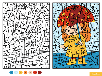 Girl and umbrella. Color by number, education game for children activity adobe illustrator autumn black and white cartoon character children color by number coloring page education for kids girl illustration learning number puzzle rain summer umbrella vector