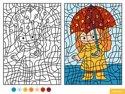 Girl and umbrella. Color by number, education game for children