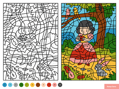 Snow white and apple. Color by number, education game for kids adobe illustrator animal apple cartoon character children color by number coloring book coloring page education fairytale for kids forest girl grimm illustration preschool princess snowwhite vector