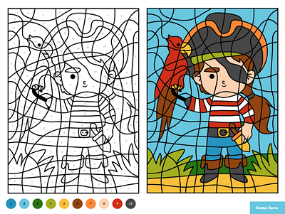 Pirate and parrot. Color by number, education game for children activity adobe illustrator adventure bird black and white boy cartoon character children color by number coloring page colorung book education for kids illustration number parrot pirate preschool vector
