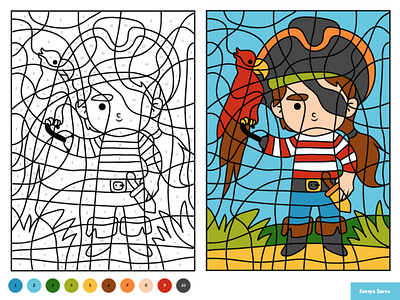 Pirate and parrot. Color by number, education game for children