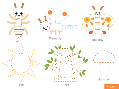 Set of insects and nature items. Connect the dots game activity adobe illustrator butterfly cartoon character children connect the dots education for kids illustration insect learning lines nature preschool set summer sun tree worksheet