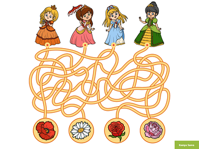 Cartoon princess and flowers. Maze game, education game for kids activity adobe illustrator cartoon character children cute education fairytale flower game girl illustration maze preschool princess puzzle rose summer vector worksheet