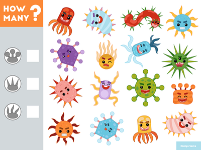 Counting Game for Preschool Children. Count how many characters adobe illustrator animal bacteria cartoon character children coronavirus counting cute education for kids game how many illustration math monster mutant preschool viruses worksheet