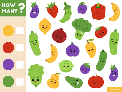 Counting Game for Preschool Children. Count how many fruits activity adobe illustrator berry cartoon character children color counting education for kids fruits game how many illustration learning math preschool puzzle vegetables worksheet