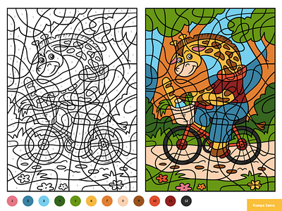 Giraffe on a bicycle. Color by number, education game for kids activity adobe illustrator animal bicycle black and white book cartoon character children color by number coloring education for kids giraffe illustration page preschool puzzle vector worksheet