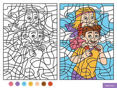Father and daughter. Color by number, education game for kids activity adobe illustrator cartoon character children color by number coloring page daughter education family father for kids girl happy illustration man preschool puzzle vector worksheet