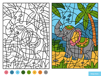Cute elephant. Color by number, educational game for kids activity adobe illustrator animal black and white book cartoon character children color by number coloring page education elephant for kids illustration preschool puzzle summer tropical vector worksheet